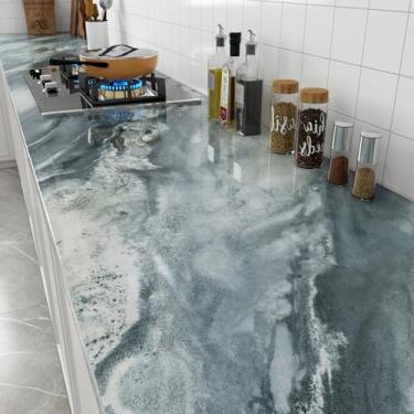 Imagem de Stickyart Papel de contato de mármore azul brilhante para bancadas 40 x 406 cm, papel de contato de mármore autoadesivo à prova d'água para banheiro, papel de parede de granito para cozinha, sala de