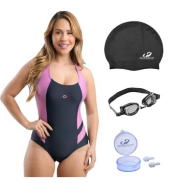 Imagem de Kit Maiô Natação Hidroginástica Touca Silicone Óculos Uv E Protetor De Ouvido (Grafite/Rosa - Óculos Preto, M)