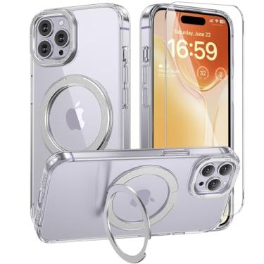 Imagem de toushion Capa transparente 3 em 1 para iPhone 15 Pro com suporte, protetor de tela *1, não amarela, suporte flexível estável, suporte, serve para MagSafe, capa de telefone de proteção de nível militar