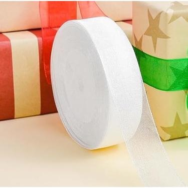 Imagem de Conjunto de 1 rolo de fitas de chiffon de cetim e glitter, fita de Natal de 2,5 cm, 50 metros, para embrulho de presente, artesanato, enfeites de festivais, decoração de festa de casamento (branca)