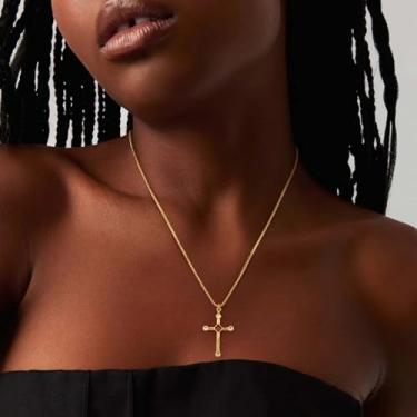 Imagem de Colar feminino com pingente de cruz de ouro delicado banhado a ouro 14 K, simples, minimalista, delicado, feito à mão, joia moderna, Medium, Latão, Sem Pedra Preciosa