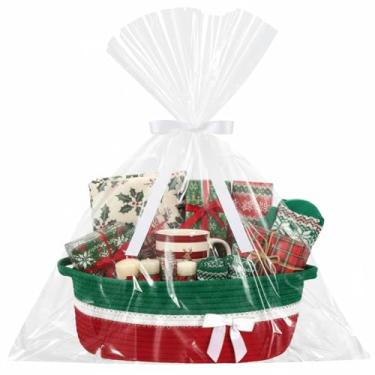 Imagem de Colingmill Cesta de presente vazia com fitas, gravata borboleta e bolsa, caixa decorativa vazia, 35,5 cm x 25,5 cm x 14 cm, cesta de corda para presente com alças, decoração de casa (vermelho verde)