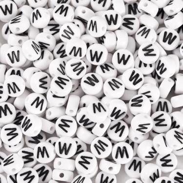 Imagem de Spritewelry 500 peças de contas de acrílico com letra branca inicial Wlphabet contas planas redondas W contas com orifício horizontal para artesanato DIY pulseira colar chaveiro cordão