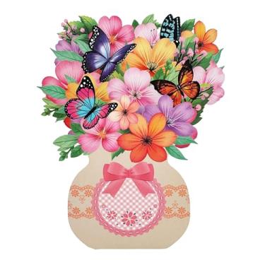 Imagem de SOLIFEGOBLE Cartões pop-up de papel, flores e borboletas, 21,7 x 19 cm, buquê para sempre, cartões de felicitações pop-up 3D, cartões de aniversário, cartões de agradecimento, notas em branco e