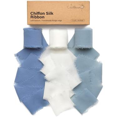 Imagem de Jutieuo Fita de chiffon azul 3,8 cm x 3 rolos total 21 m creme/azul/azul empoeirado feito à mão fita de tecido de seda para embrulho de presente buquê de flores convite de casamento decoração de chá