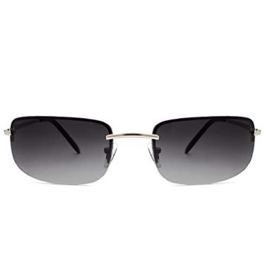 Imagem de NYS Collection Óculos de sol gradiente sem aro - Design minimalista moderno, 100% de proteção UV, para homens e mulheres, Armação de metal prateado/lente degradê fumê
