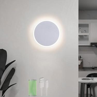 Imagem de Lâmpada de parede com bateria LED minimalista redonda carregável arandela com interruptor de toque moderna iluminação de parede de alumínio para sala de estar escada quarto corredor (luz branca branca