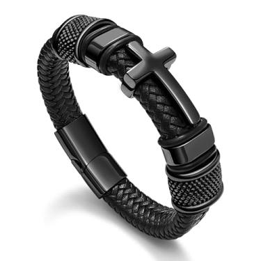 Imagem de Pulseira masculina de cruz preta, pulseira de couro trançado de aço inoxidável Filipenses 4:13 com versículo da Bíblia Jesus presente de fé inspiradora para pai, irmão, filho, presentes de confirmação