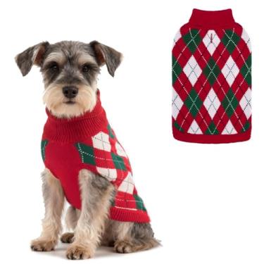 Imagem de PAWCHIE Suéter de cachorro com orifício para coleira para cães pequenos, suéter clássico de malha de gola rolê para o clima frio, pulôver xadrez de malha elástica para animais de estimação, roupas