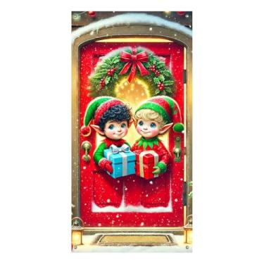 Imagem de BlissYard Capa de porta de Natal, presentes de elfos, 71 x 35 polegadas para porta da frente, Feliz Natal, portas de varanda, faixa de férias, decoração de entrada sazonal, placa de boas-vindas