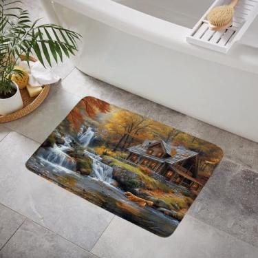Imagem de YOZSLGU Tapete de banheiro rústico retrô para cabana rústica cachoeira outono paisagem natural espuma viscoelástica tapete de cozinha para banheiro, 48 x 74 cm