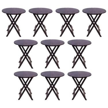 Imagem de Kit 10 Mesas Redondas Dobráveis Em Madeira Maciça 70X70 Marrom Ideal Para Bares E Restaurantes