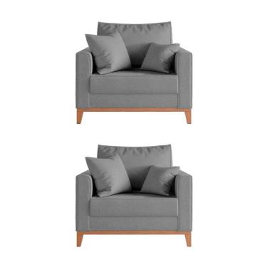 Imagem de Kit 2 Poltronas Beny Decorativa Com 2 Almofadas Linho Cinza Base Em Madeira Maciça