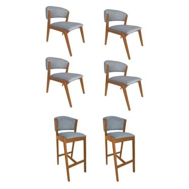 Imagem de Kit 4 Cadeiras Kethellen Premium Com 2 Banquetas Ana Em Madeira Maciça Cerejeira Linho Cinza