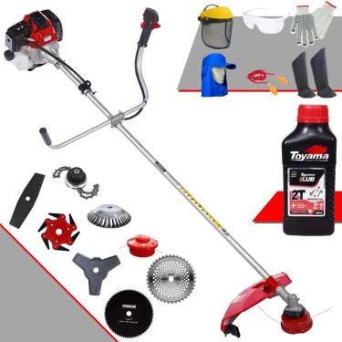 Imagem de Roçadeira Robusta Toyama RT43L À Gasolina 43cc 1,7HP de Potência Com Sistema Antivibração Carretel Nylon + Kit 7 Opções de Cortes + EPI + ÓLEO TOYAMA