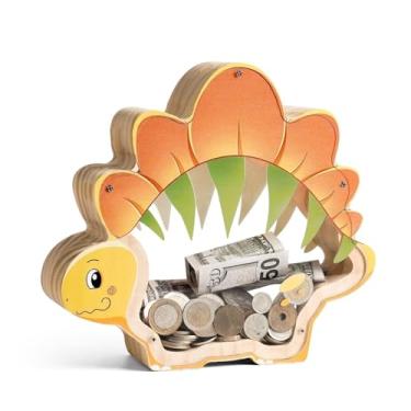 Imagem de Cofrinhos de madeira para crianças, meninas, meninos, dinossauro, estegossauro, cofrinho indestrutível, faça você mesmo, personalizado, personalizado, para crianças, dinheiro, cofre, com letras