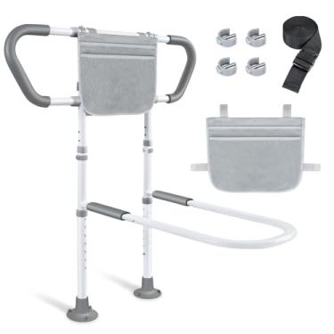 Imagem de Trilhos de cama para segurança de adultos idosos: trilhos de assistência de cabeceira ajustáveis com bolsos de armazenamento, alças antiderrapantes, sensor de luz noturna, capacidade de gravidade de