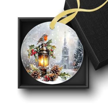 Imagem de Welshower Enfeites de Natal Robin de cenário de inverno, decorações de Natal para árvore, decoração rústica de inverno, igreja, pássaro, Natal, enfeites decorativos de cerâmica para pendurar