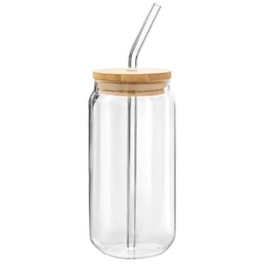 Imagem de LUMINFLY Copo de vidro de 473 ml com tampa de bambu e canudo, louça transparente para suco, chá de leite e mais