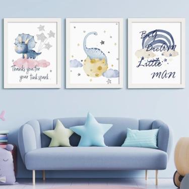 Imagem de JJY Conjunto de 3 impressões de arte de parede de dinossauro emoldurado com desenho animado de sonho com nuvem de arco-íris pôsteres estéticos com texto motivado - decoração de parede de dinossauro