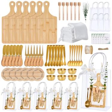 Imagem de 80 peças de prêmios de chá de bebê para vencedores de jogos 6 conjuntos de tábua de queijo molho de mel conjunto de utensílios de charcutaria de aço inoxidável toalha cartão de agradecimento e sacos