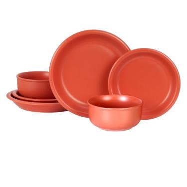 Imagem de GZG Série Vintage – Conjunto de louça de cerâmica para 2, 6 peças, conjunto de pratos e tigelas de grés, sem chumbo, conjunto de pratos artesanais, seguro para micro-ondas e lava-louças - vermelho