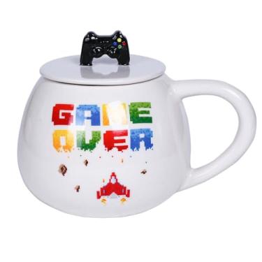 Imagem de Dalekana Caneca de cerâmica para café, chá e água, copo 3D de porcelana criativa com alça e tampa para casa e escritório, 482 g Caneca de presente de jogo, 11 cm A