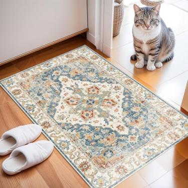 Imagem de Enkor Tapetes macios de área, laváveis, antiderrapantes, boho, pequenos tapetes para corredor, estilo vintage, tapete de casa de fazenda para entrada, cozinha, laranja e azul