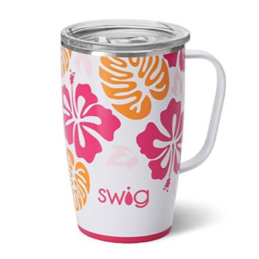 Imagem de Swig Life Caneca de viagem de 510 g, copo isolado com alça e tampa, suporte para copo, pode ser lavado na lava-louças, aço inoxidável, xícara de café de viagem (Island Bloom)
