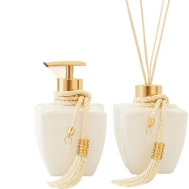 Imagem de Kit Vidros Lavabo Branco Luxo C/Enfeite Difusor E Sabonete(Dourado)