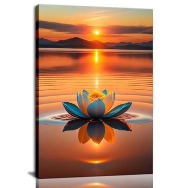 Imagem de Arte de parede Sunset Lotus – Impressão em tela de meditação do lago sereno, imagem de natureza inspirada no zen, decoração de casa emoldurada de 30 x 40 cm para sala de ioga, quarto ou spa