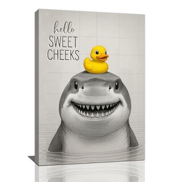 Imagem de Viorise Arte de parede de tubarão engraçado decoração de banheiro preto e branco tubarão pato imagens tela Hello Cheeks pintura arte decoração banheiro sinais 40.6 cm x 61.0 cm