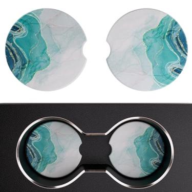 Imagem de Leadiy Pacote com 2 porta-copos de carro, suportes de copo de 6,6 cm, acessórios de carro com impressão de mármore, porta-copos de pedra cerâmica e base de cortiça sem arranhões