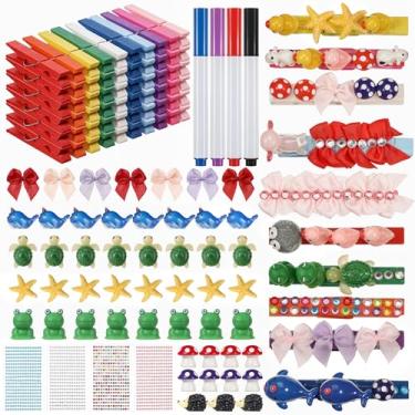 Imagem de Hpmjz Conjunto de 60 grampos de torcida, conjunto de clipes espirituais, prendedores de roupa de madeira, decoração inclui 64 mini animais de resina, 30 mini laços, 4 adesivos, 4 canetas aquarela