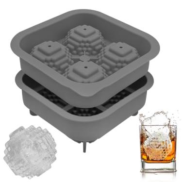 Imagem de Bnoiiok Molde de silicone para cubos de gelo com 4 cubos – Máquina de bola de gelo com 4 cubos de 5 cm, molde reutilizável de silicone com tampa (cinza), ideal para uísque, coquetéis e todas as