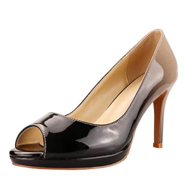 Imagem de LEMUTISME Sandálias femininas de couro envernizado, sexy, sem cadarço, salto alto, salto alto, chique, brilhante, bico aberto, salto agulha plataforma, Nude-preto, 36
