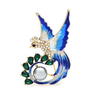 Imagem de Broche de pássaro esmaltado pérola strass cauda longa pássaro animal festa escritório broche de metal broches presentes (cor: azul, tamanho: 4,9 cm)