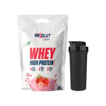 Imagem de Kit Whey Concentrado High Protein Adoçado com Stévia 900g + Coqueteleira Academia (Morango)