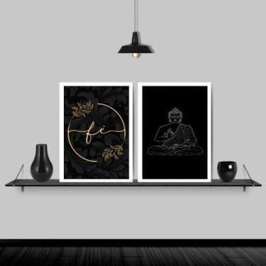 Imagem de Kit 2 Quadros Buda Fé Preto Com Dourado 45X34 Moldura Branca - Quadros