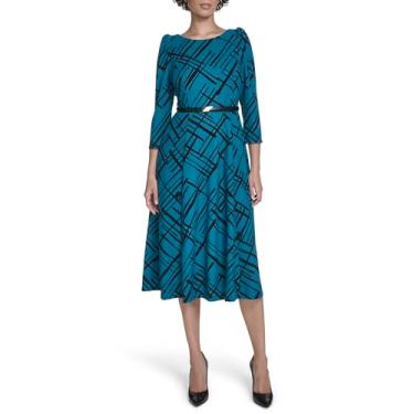 Imagem de Calvin Klein Vestido feminino de manga três-quartos com cinto evasê, Esmeralda/preto, 38