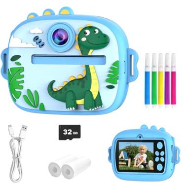 Imagem de Câmera infantil com impressão instantânea, CAMCLID Câmera de tela de 2,4 polegadas para crianças dinossauro câmera digital infantil com cartão de 32 GB e 3 rolos de papel, azul