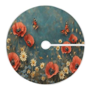 Imagem de Blueangle Saia de árvore de Natal floral vermelha de 120 cm - poliéster macio e resistente a rugas, decoração de férias para festas de Natal, árvore festiva e decoração de casa (248)