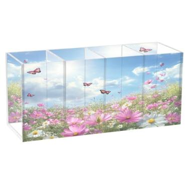 Imagem de SEHANY Porta-canetas de acrílico com flores de borboleta coloridas, 4 compartimentos, porta-lápis transparente, organizador de pincéis de maquiagem, organizador de papelaria para escritório, casa