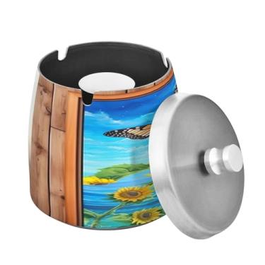 Imagem de Blueangle Cinzeiro de borboleta de girassol com tampa para cigarros, à prova de vento/chuva, aço inoxidável, sem fumaça, inodoro, cinzeiro para uso interno ou externo (426)