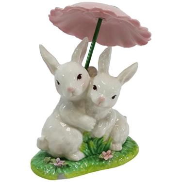 Imagem de Cosmos Gifts 20877 Estatueta de Coelho de Porcelana Sob o Guarda-Chuva, 10 cm, Rosa