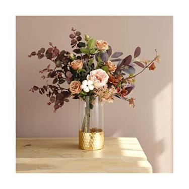 Imagem de LMJYU Flor artificial com vaso flores rosas artificiais rosa com vaso arranjo de flores artificiais com vaso de flores falsas decoração casa mesa sala de jantar