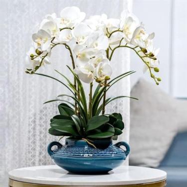 Imagem de LMJYU Orquídeas falsas de seda artificial Phalaenopsis flores com vaso de porcelana conjunto de flores artificiais para decoração de casa orquídeas florais falsas flores artificiais
