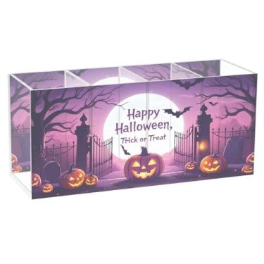 Imagem de CEBUGI Porta-lápis de acrílico transparente com 4 compartimentos, organizador de pincéis de maquiagem para cena do Dia das Bruxas para armazenamento em mesa de escritório em casa