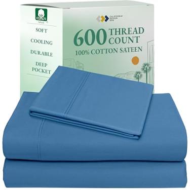 Imagem de California Design Den Jogo de lençol solteiro - cetim luxuoso 600 fios, lençóis naturais 100% algodão, bolsos profundos totalmente elásticos, roupa de cama de qualidade de hotel nítida, legal e