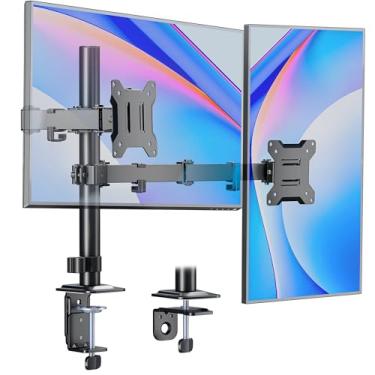 Imagem de monTEK Suporte de monitor duplo para computador de 43.2 cm a 81.3 cm, suporte de monitor estável de altura ajustável para tela de até 81.3 cm, suporta até 10 kg de peso, grampo C e ilhós, VESA 75 x 75